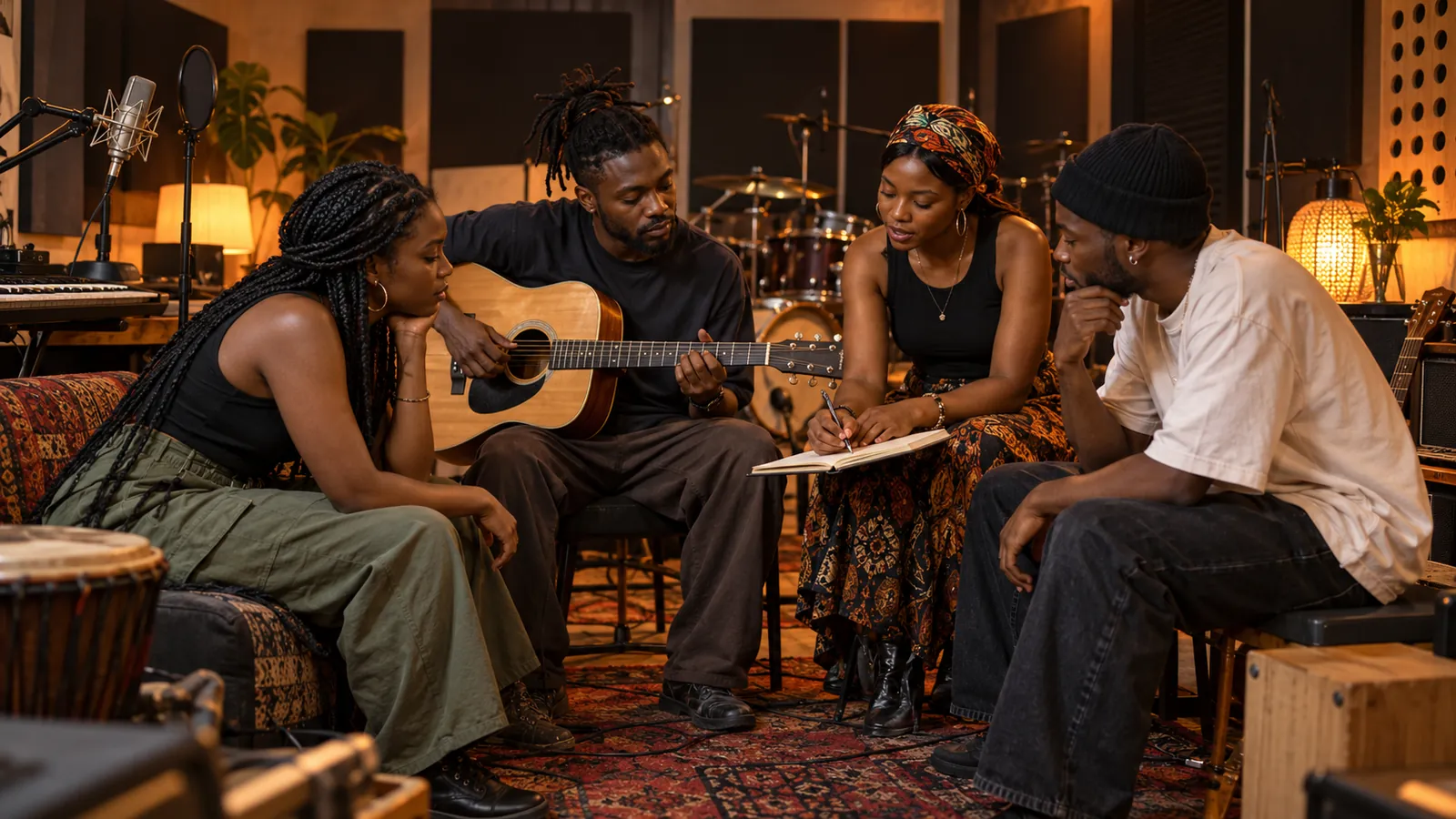 Illustrative photograph of four independent Black artists collaborating around a notebook and an acoustic guitar in a rehearsal studio